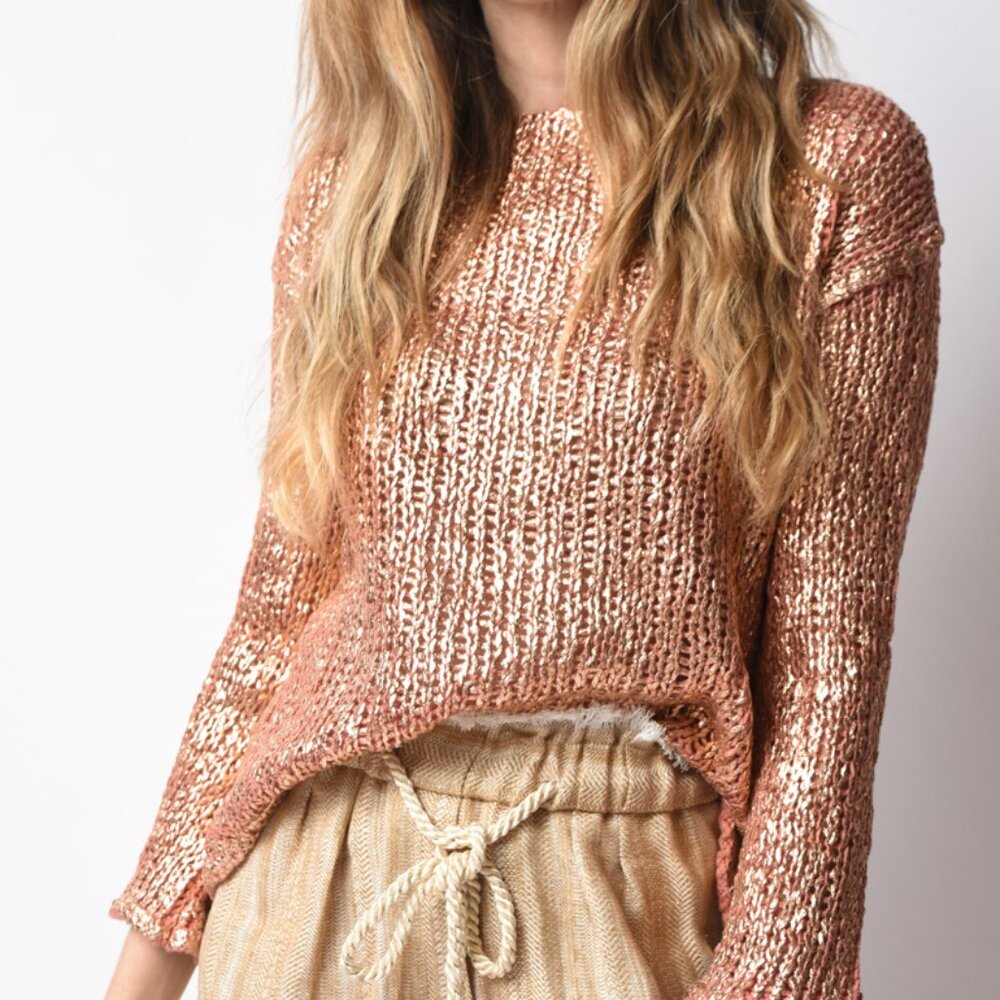 FORTE FORTE Laminated Crochet Sweater in Copper Brown